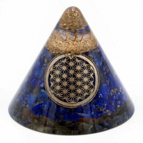 Organite Cone - Lapis Flower of Life and suspended Quartz